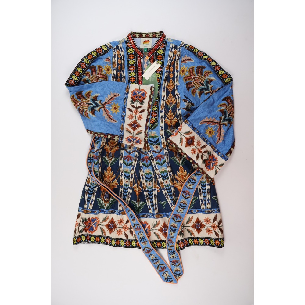 Farm Rio Mini Dress Blue Embroidered Geometric Print M NWT $280 MSRP